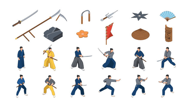 Isometric Japanese Samurai and Ninja Character Vector Set with Katana Sword, Naginata, Shuriken, Nunchaku, and Martial Arts Fighter Icons for Game Designs
