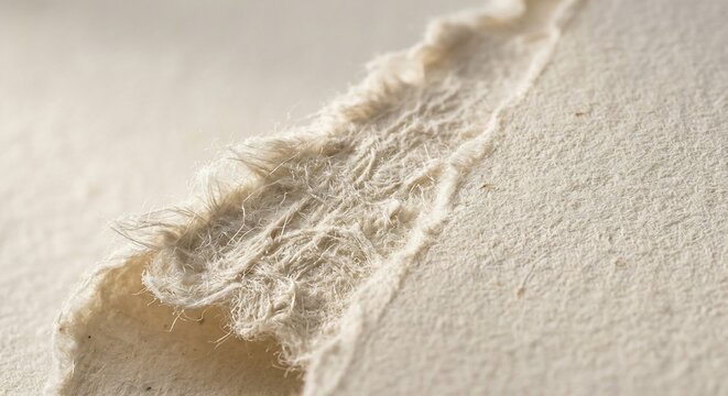 Macro shot of a torn handmade paper edge showing fibrous texture