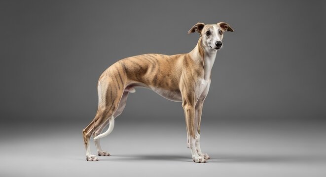 A sleek whippet stands gracefully on a solid gray background in a professional studio setting, highlighting its athletic frame and soft fur, snout, alert, fur