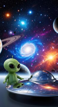 A small cute alien with large eyes stands near a reflective flying saucer in a vibrant galaxy filled with glowing stars and distant planets, friendly, astronomical, character