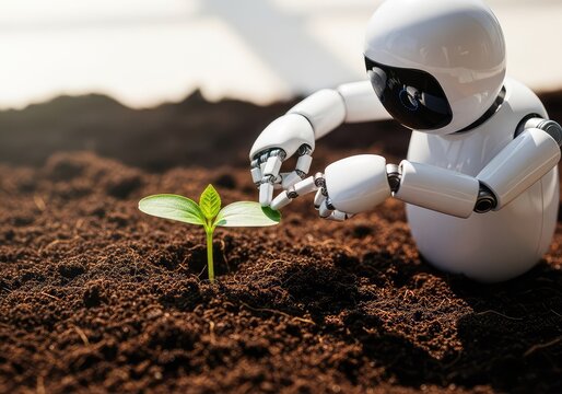 A small white futuristic robot gently uses mechanical fingers to plant a green seedling in rich dark soil under soft natural sunlight glow, science, planting, electronic