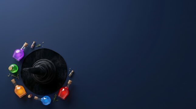 Black witch hat and colorful magic potion bottles on dark blue with halloween