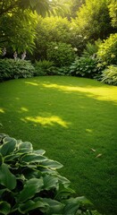 Obraz premium A vibrant green summer garden filled with lush foliage and dappled sunlight, featuring a large open grassy area perfect for copy space, leaf, park, botanical