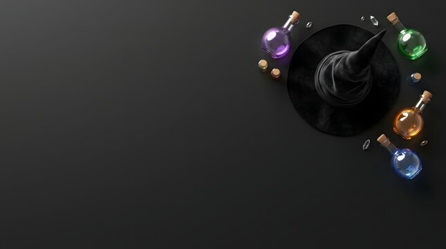 Witch hat and colorful potion bottles on black background with magic potions