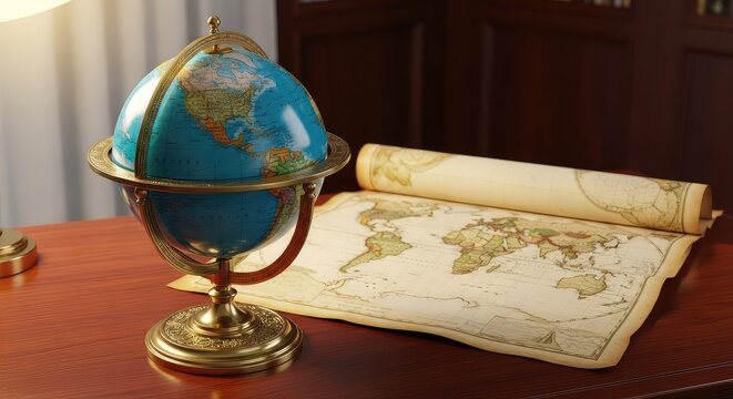 A vintage decorative globe stands on a wooden desk next to a spread out world map with soft lighting and warm tones in a classic study room, cartography, geography, learning