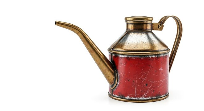 A weathered vintage oil can with a long spout featuring rust textures, grease stains, and worn metal finish, isolated on a white background, fluid, stains, canister
