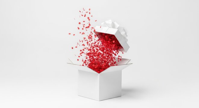 A white cardboard gift box opens suddenly to release a vibrant explosion of small red paper confetti against a clean minimalist background, red, opening, merry