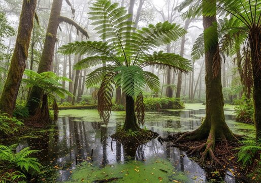A wide spherical equirectangular view of a dense prehistoric swamp forest with towering ferns, murky water, thick fog, and mossy trees, light, morning, dense