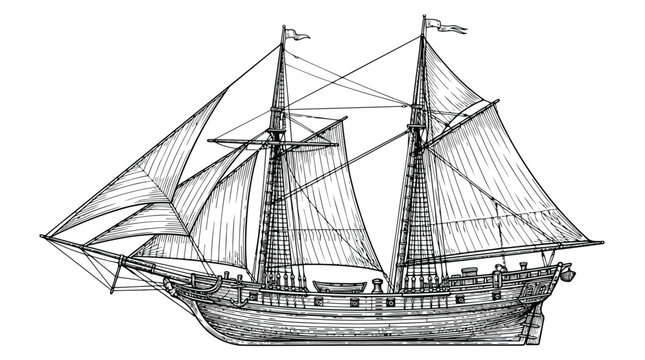 Old sailing ship with multiple masts isolated