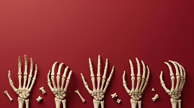 Row of skeleton hands and scattered bones on dark red background with flat lay