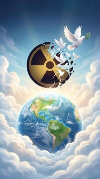 Nuclear radiation warning sign exploding into peace doves above planet Earth for disarmament concept