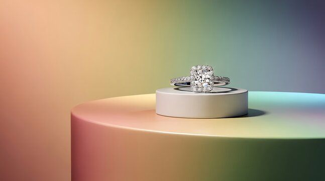 Luxury Diamond Engagement Ring with Halo Setting on White Podium against Colorful Gradient Background