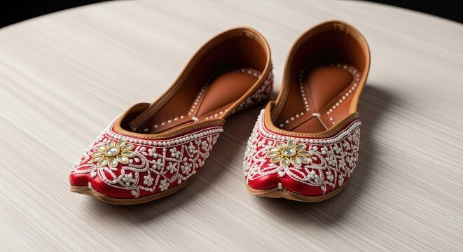 Exquisite petite red juttis with intricate white thread and bead embroidery and central stones rest on a round wooden table in a boutique, scarlet, traditional, vintage