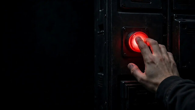 Person pressing glowing red emergency stop button on industrial control panel