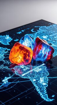 Glowing raw mineral chunks rest on a digital screen displaying a generic map with interconnected logistics lines and industrial machinery, industrial, clean, distribution