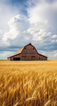 Golden wheat field stretches toward a rustic wooden barn under a dramatic summer sky, capturing the peaceful essence of rural farm life, organic, serenity, yellow