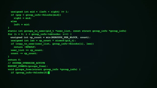 Old computer terminal. Green source code displayed on a vintage computer terminal screen