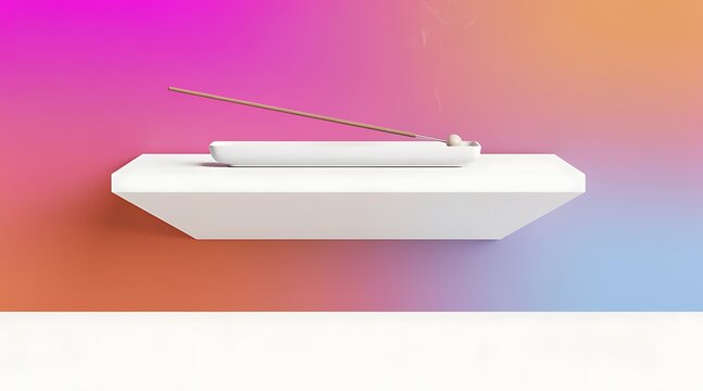 Burning Incense Stick on White Modern Holder against Vibrant Pink and Orange Gradient Background