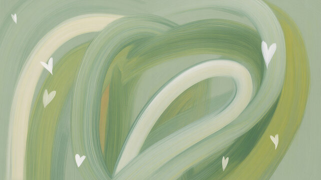 Abstract green and white wavy art background with small heart illustrations background abstract painting creative illustration romantic