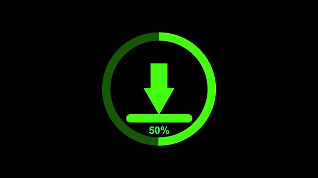 Green download progress indicator with a downward arrow and 100 percent completion shown within a circular progress bar on a black background.