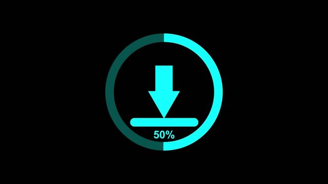 Cyan download progress indicator with a downward arrow and 100 percent completion shown within a circular progress bar on a black background.