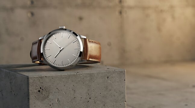 Modern Elegant Men's Wristwatch with Brown Leather Strap on Minimalist Concrete Block in Warm Light