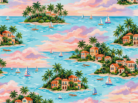 Seamless watercolor tropical island pattern with coastal village houses, palm trees, and sailboats on ocean background
