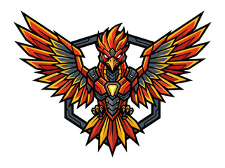 Fototapeta premium Cybernetic phoenix mascot logo design with mechanical wings and futuristic armor plating.