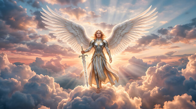 Majestic angel with glowing wings and sword amidst clouds at sunset