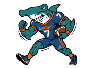 Obraz premium Hammerhead shark football mascot character running with a ball in a sports uniform.