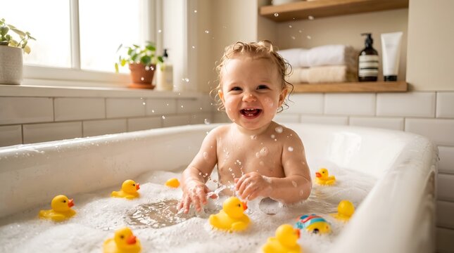 Happy toddler laughing while playing with yellow rubber ducks in bath