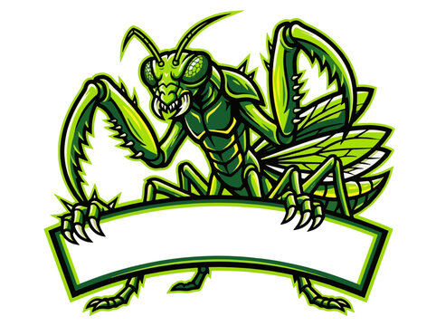 Aggressive praying mantis sports mascot logo with a blank banner for custom team text