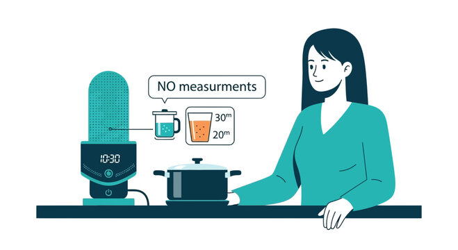 Woman Using Smart Voice Assistant AI for Cooking Instructions in Modern Kitchen Illustration