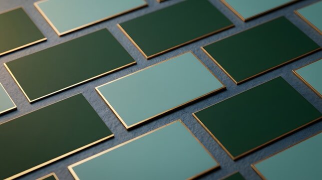 Elegant dark green and mint business cards with metallic gold edges arranged in a professional grid pattern mockup
