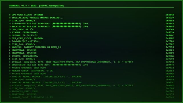 Old computer terminal. Vintage green computer terminal screen with scrolling technical logs