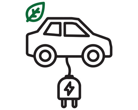  Electric car outline icon with charging plug and green leaf symbolizing eco friendly vehicle technology sustainable transport ev charging signs symbols black and white alternative fuel renewable