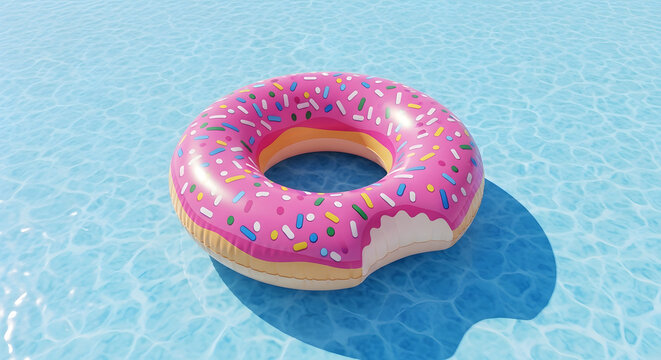 Pink Donut Inflatable Pool Float Resting on Calm Blue Water Surface for Summer Relaxation and Swimming Pool Fun