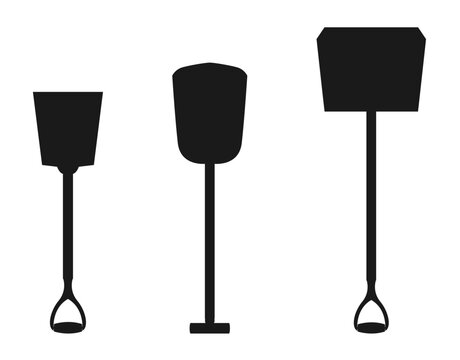 Set of shovel spade and pizza peel silhouettes vector illustration isolated on white background