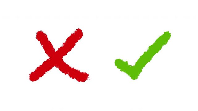 Red X cross and green check brush mark animation on transparent background for correct and incorrect answers, 4K motion graphic