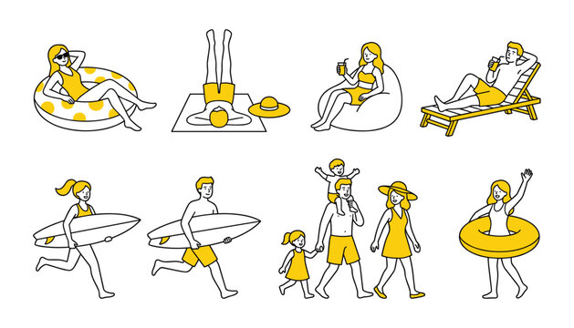 Minimalist Summer Beach Vacation People Vector Icon Set Featuring Diverse Characters Sunbathing, Surfing, Relaxing on Chairs, and Walking with Family
