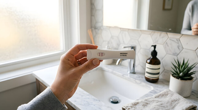 Person Holding Pregnancy Test Near Bathroom Sink