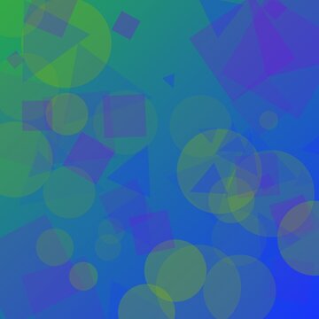 Abstract geometric background with blue green and purple overlapping circles and squares