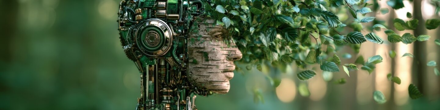 Human face profile with skin textured like ancient silver birch bark dissolving gracefully into flying green leaves with forest background on left.