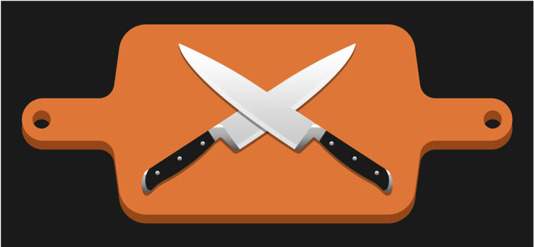 Two crossed chef knives on wooden cutting board vector illustration isolated on black background