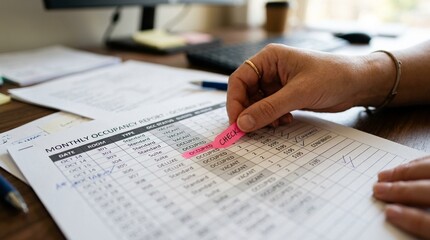 Obraz premium Hand placing a sticky note flag on a transfer report page - Patient Transfer Coordination Concept