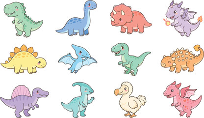 Cute dinosaur cartoon sticker set featuring a variety of adorable prehistoric reptiles dragons and dodo bird illustrations for children designs. © MstShirin