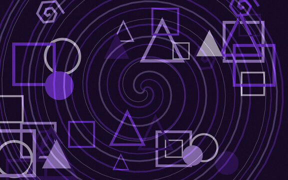 Abstract background featuring geometric shapes like circles squares and triangles arranged over a dark purple spiral pattern