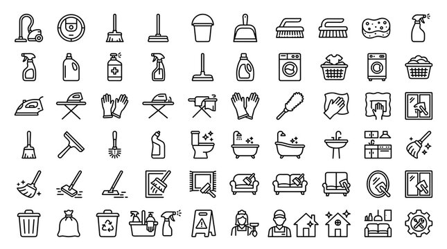 Home Cleaning Editable Line Icon Set with Vacuum, Broom, Mop, Detergent, Laundry, Household Tools, and Professional Cleaning Service Symbols