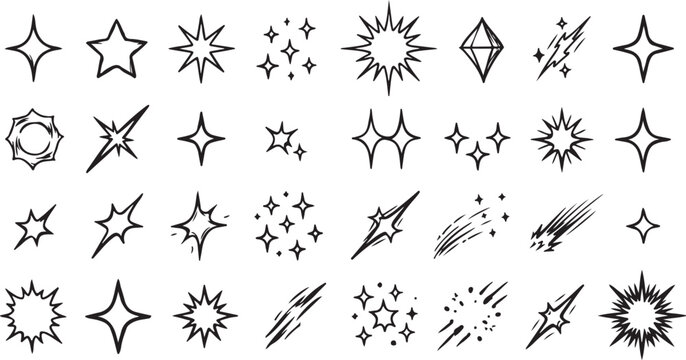 Set of various doodle star and sparkle shapes isolated on transparent background.