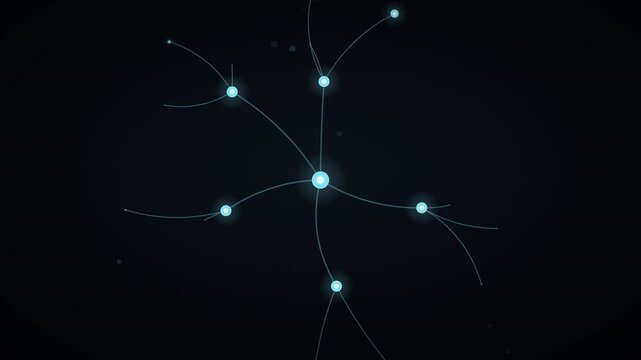 Expanding blue digital neural network with illuminated cyan and gold synapses